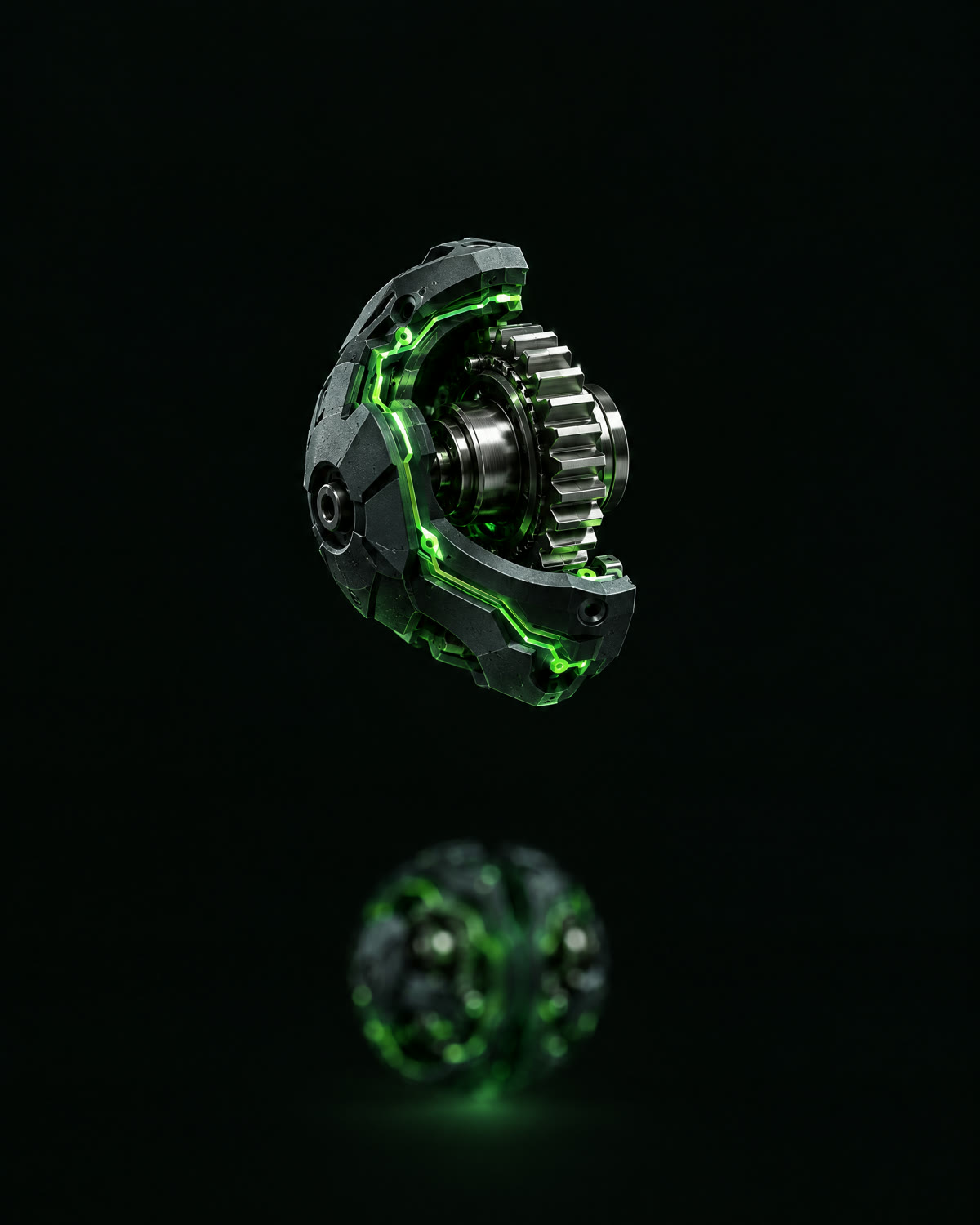 A single gear from the Logic Core seated in a section of its housing, the circuit trace around it lit